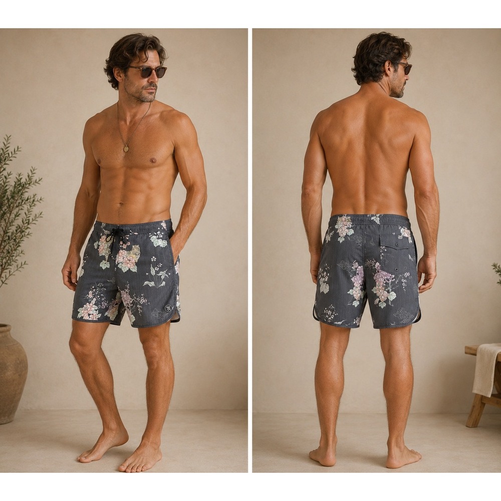 Roark Board Shorts Mens 36 Grey Tiger Floral Print Performance Swim Trunks